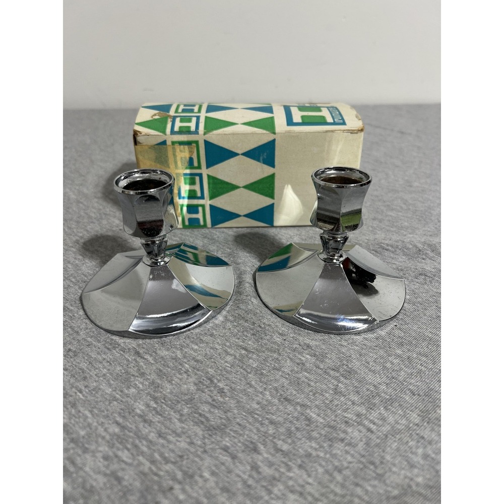 Vintage Irvinware Candle Holders Pair Chrome Faceted Made in USA w/‎ Box 2190